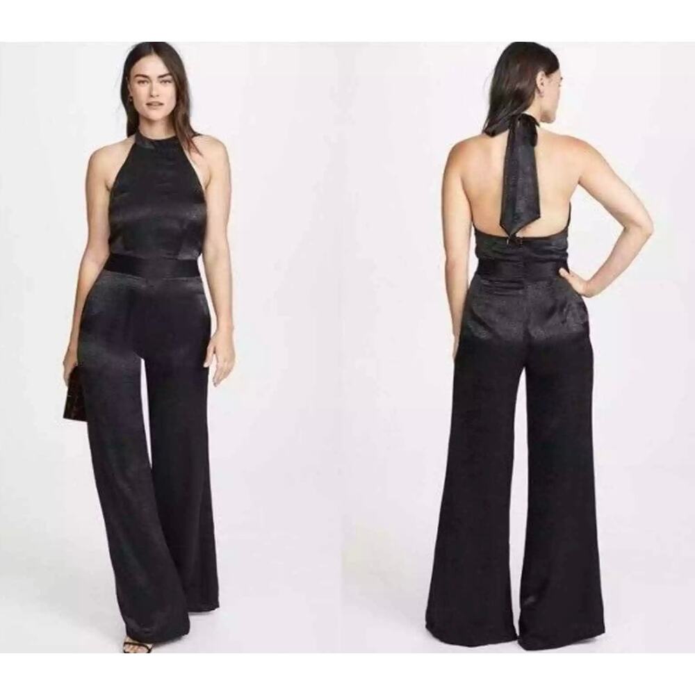 $395 Misa Xandra Black Hammered Satin Halter Jumpsuit Size S